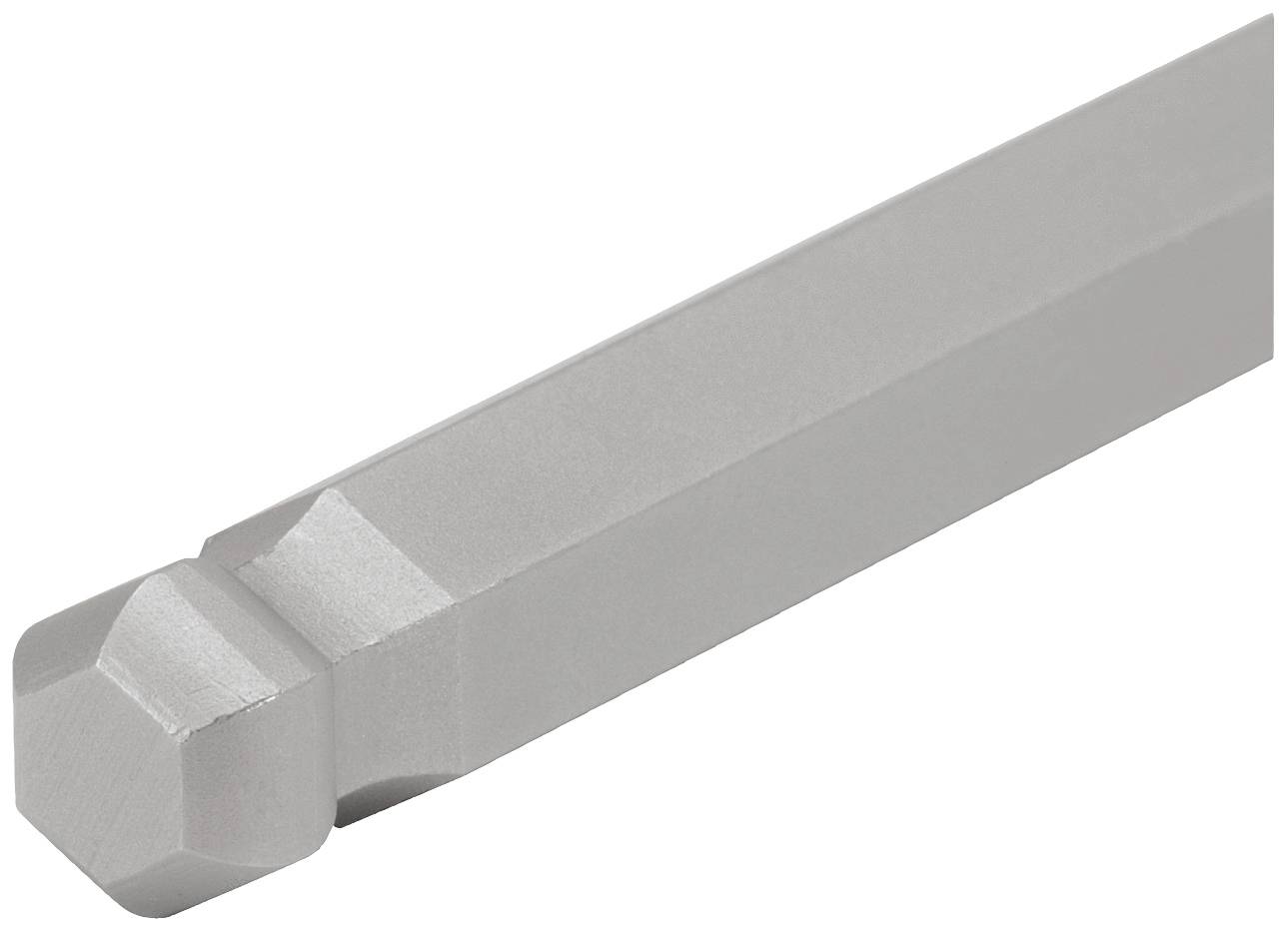 Ein silberner, sechseckiger Metallstab mit einer facettierten Spitze. Hauptsächlich für technische Anwendungen oder Werkzeuge verwendet.