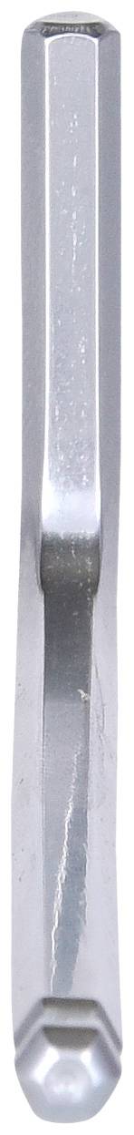 Ein verchromter Flaschenöffner mit langem Griff und abgeschrägtem Ende, geeignet zum einfachen Öffnen von Flaschenverschlüssen.