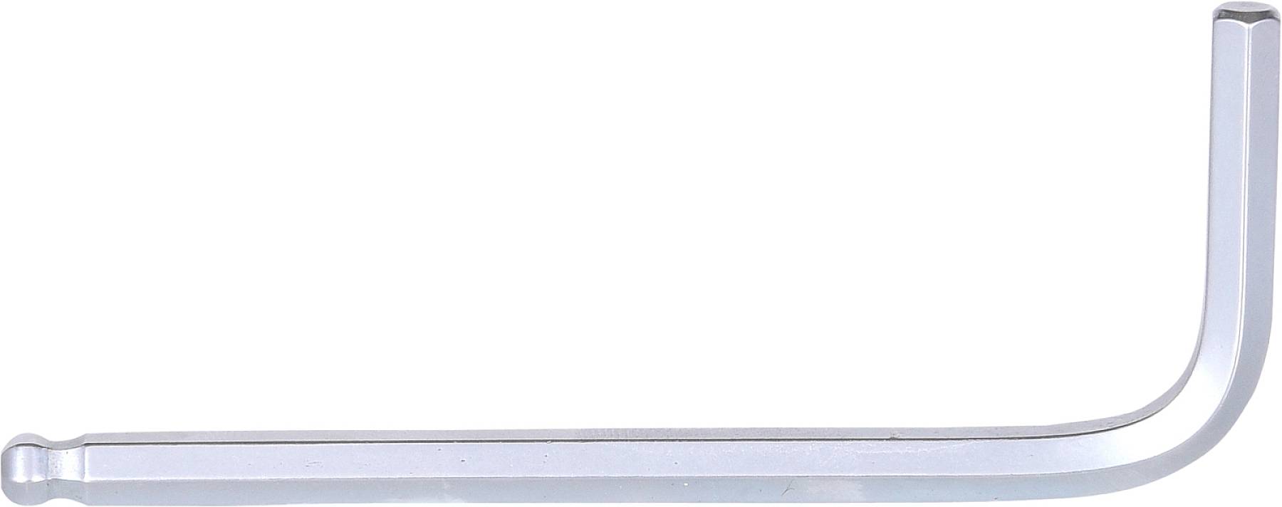 Ein silberner Inbusschlüssel in L-Form, gezeigt in seitlicher Ansicht.
