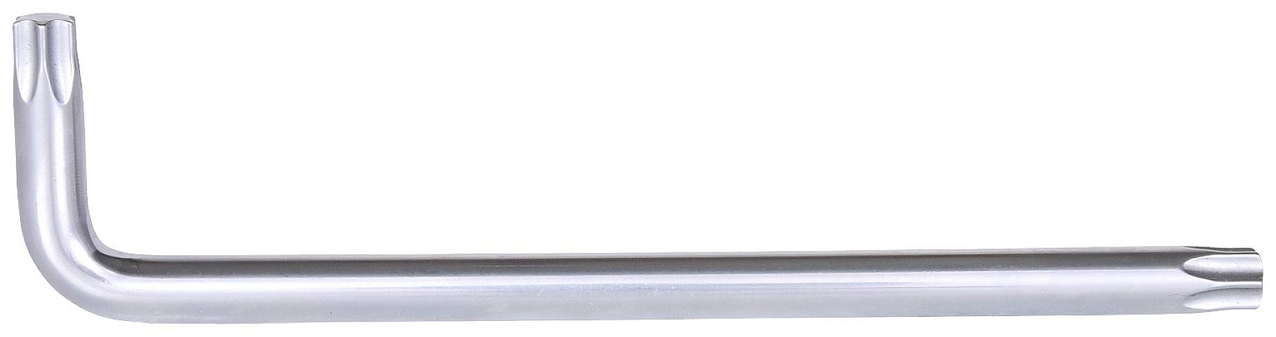 Ein silberner, L-förmiger Inbusschlüssel mit einem sternförmigen Kopf an beiden Enden. Er wird für spezielle Schrauben verwendet.