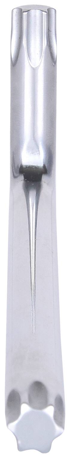 Ein silberner, glänzender, sechskantiger Metallaufsatz, möglicherweise ein Werkzeugkopf, auf einem weißen Hintergrund.