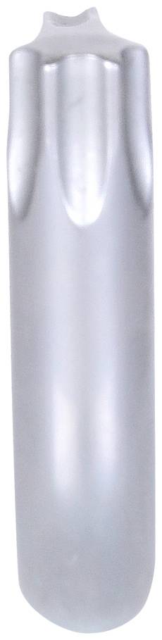 Ein silberfarbener Gaszylinder, zylindrisch und vertikal ausgerichtet, mit abgerundetem Ende.