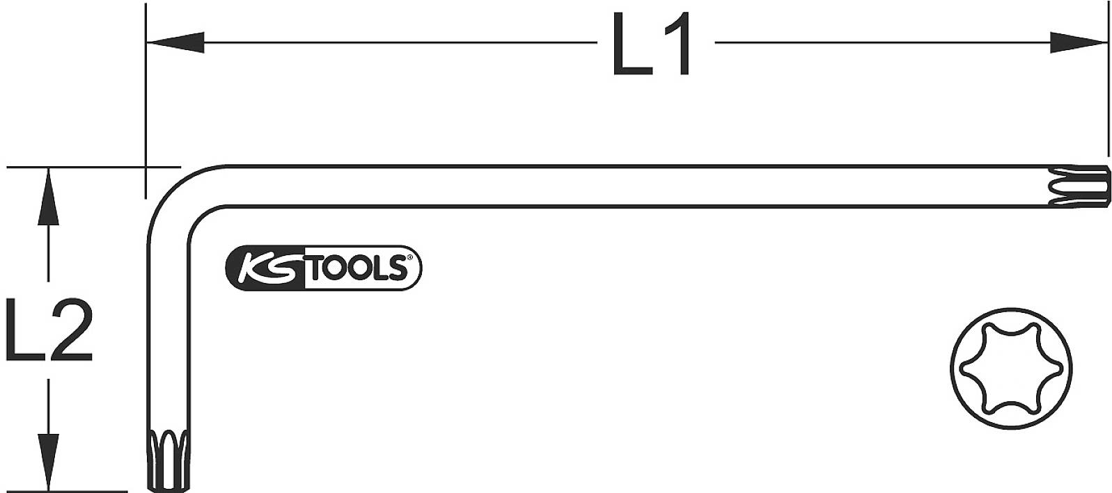 Abbildung eines Winkelschlüssels mit den Maßen L1 und L2, markiert für Torx-Schrauben. Auf dem Schlüssel steht 'KS Tools'.