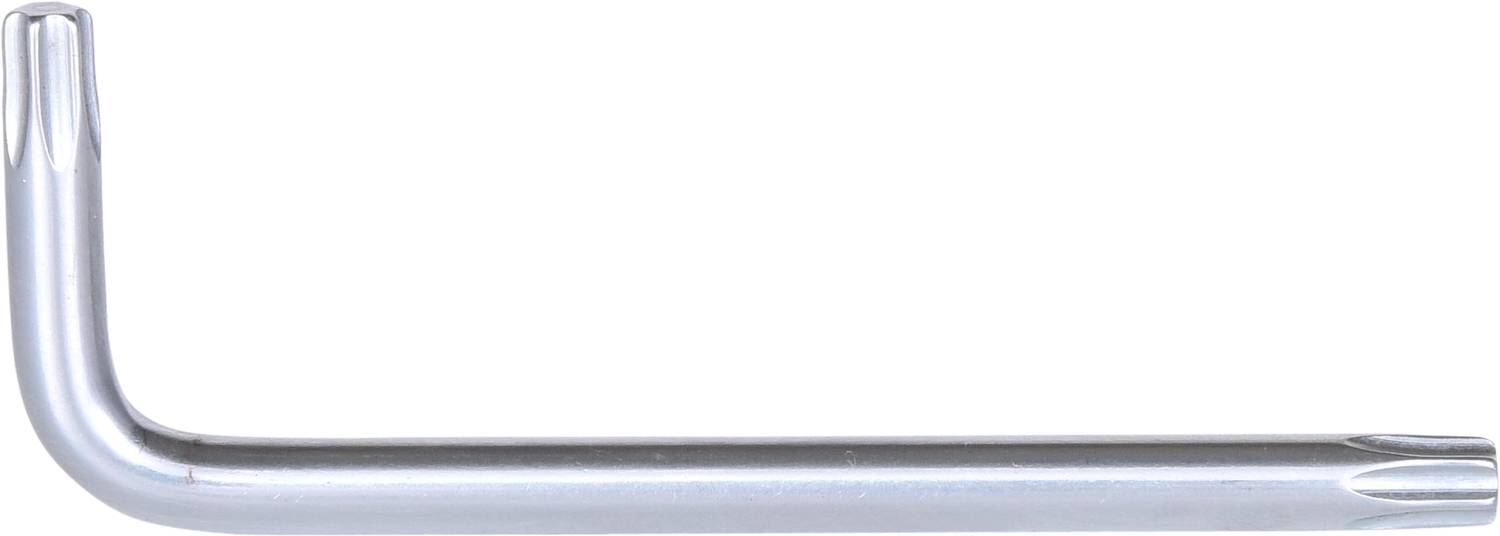 Ein silberner L-förmiger Torx-Schlüssel, häufig für das Anziehen oder Lösen spezieller Schrauben verwendet.