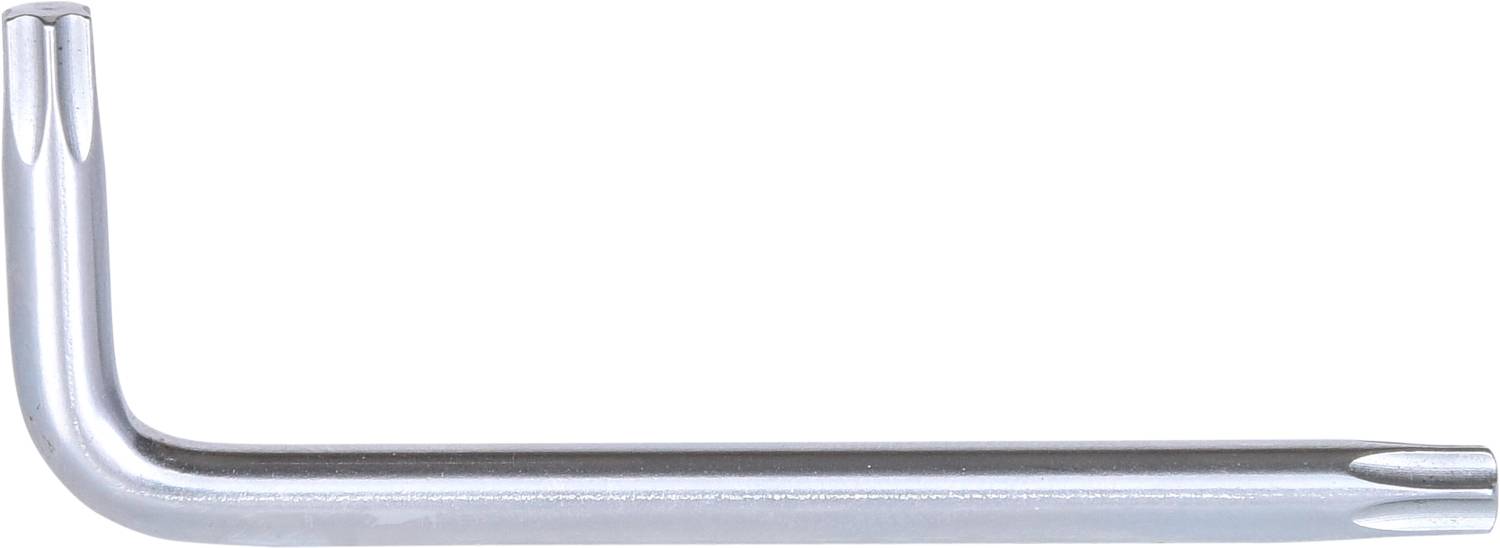 Ein silberfarbener L-förmiger Torx-Schlüssel, der zum Anziehen oder Lösen von Schrauben mit Torx-Kopf verwendet wird.