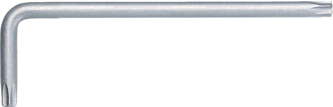 Ein silberfarbener Torx-Schlüssel in L-Form, verwendet für das Festziehen oder Lösen von Torx-Schrauben.