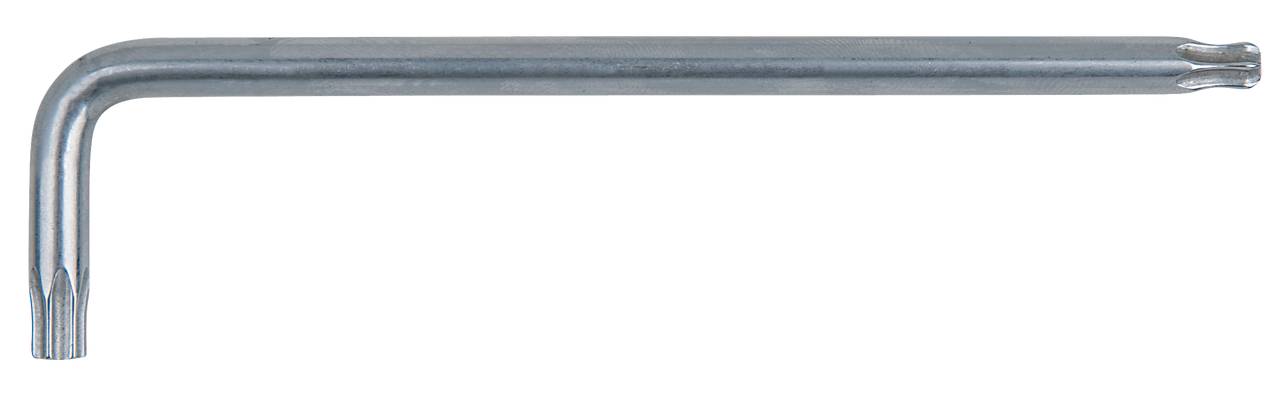 Ein silberner Winkelschlüssel mit sternförmigem Torx-Kopf, verwendet zum Anziehen oder Lösen von Torx-Schrauben in Maschinenbauarbeiten.