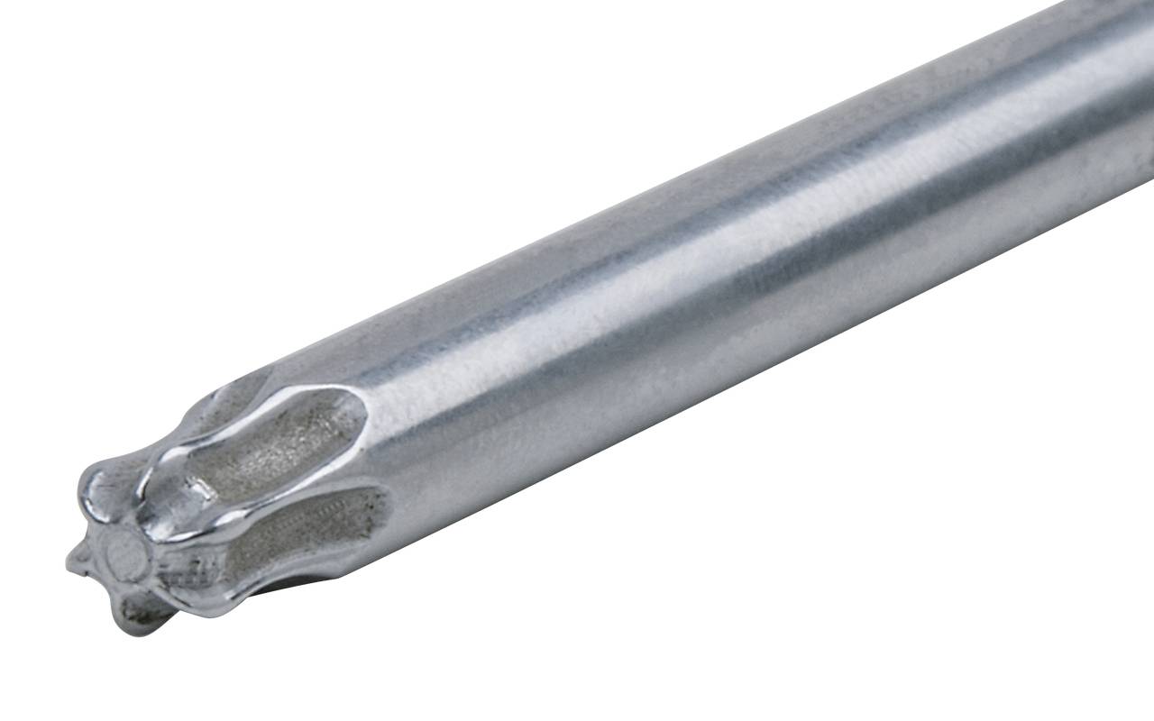 Ein silberner Bohrer mit gezackter Spitze, verwendet für das Bohren in harten Materialien.