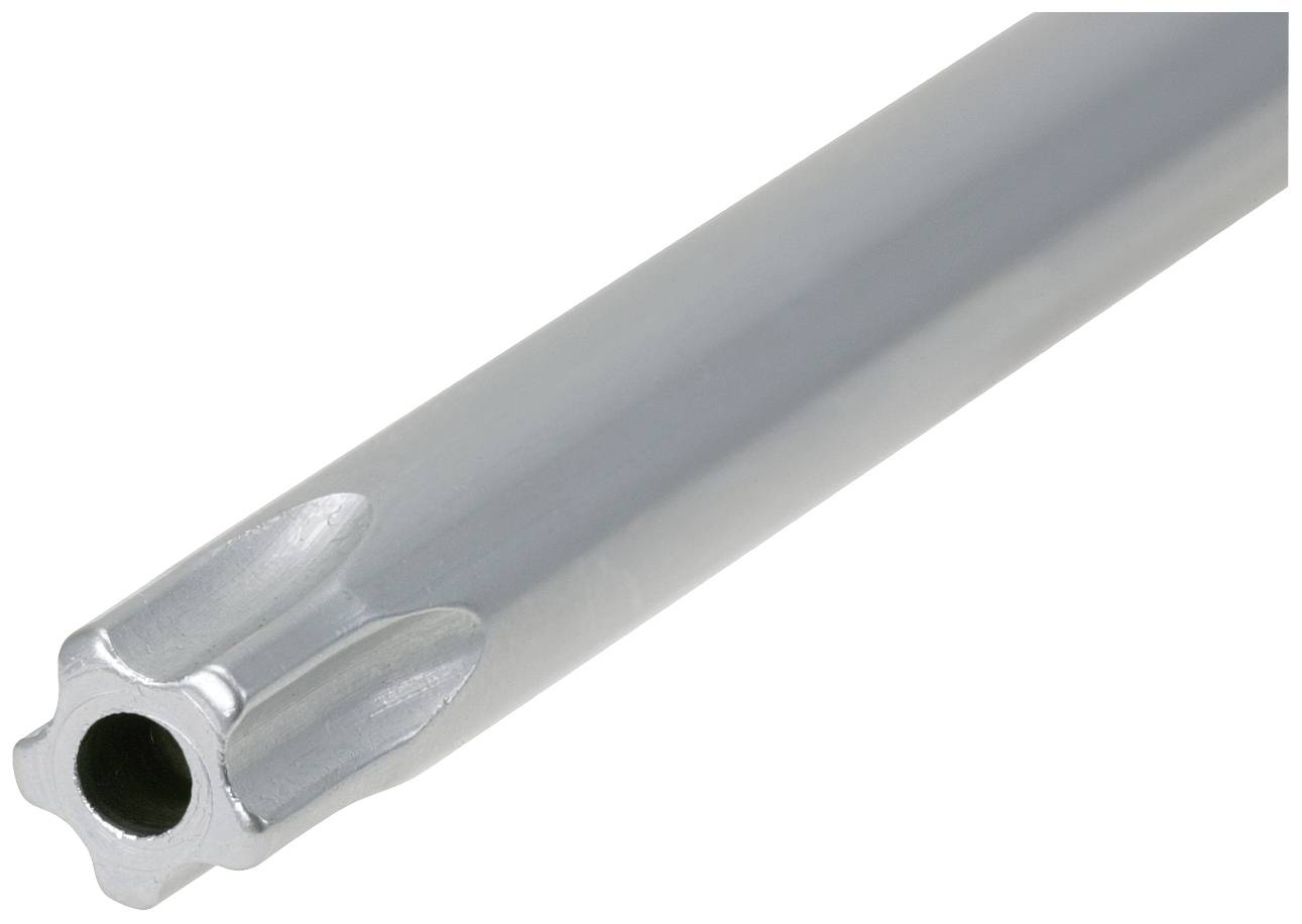 Ein silberner Metallstab mit einer sechszackigen, sternförmigen Öffnung an der Spitze, dargestellt auf einem weißen Hintergrund.