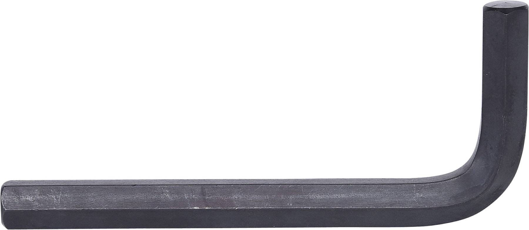 Ein Sechskantschlüssel aus Metall, auch Inbusschlüssel genannt, in typischer L-Form zur Verwendung bei Schrauben mit Innensechskantantrieb.