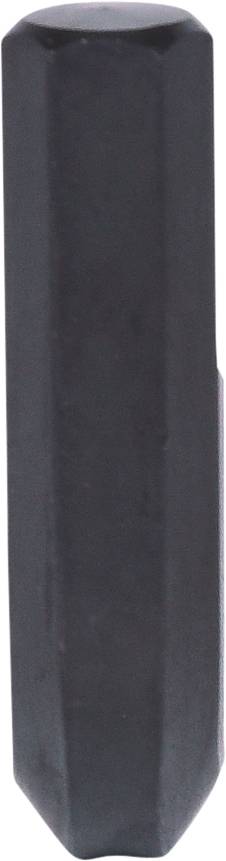 Ein länglicher, schwarzer Kristall mit vielen Facetten, der senkrecht steht.