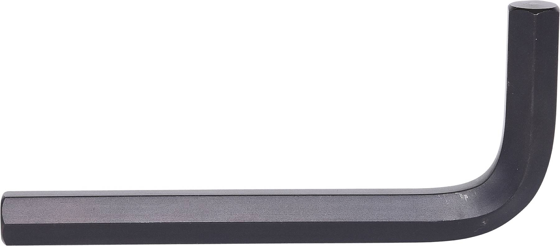 Ein einzelner schwarzer Inbusschlüssel in L-Form auf weißem Hintergrund.