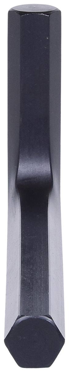 Eine schwarze Metallstange mit sechseckigem Querschnitt und einer gebogenen Halterung in der Mitte, möglicherweise ein Griff.