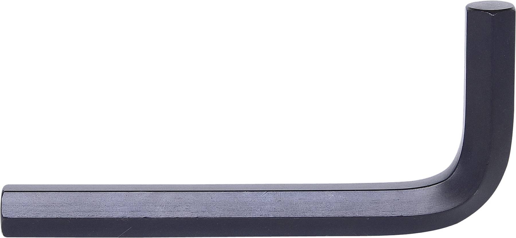 Ein schwarzer Inbusschlüssel in L-Form, horizontal auf weißem Hintergrund liegend.