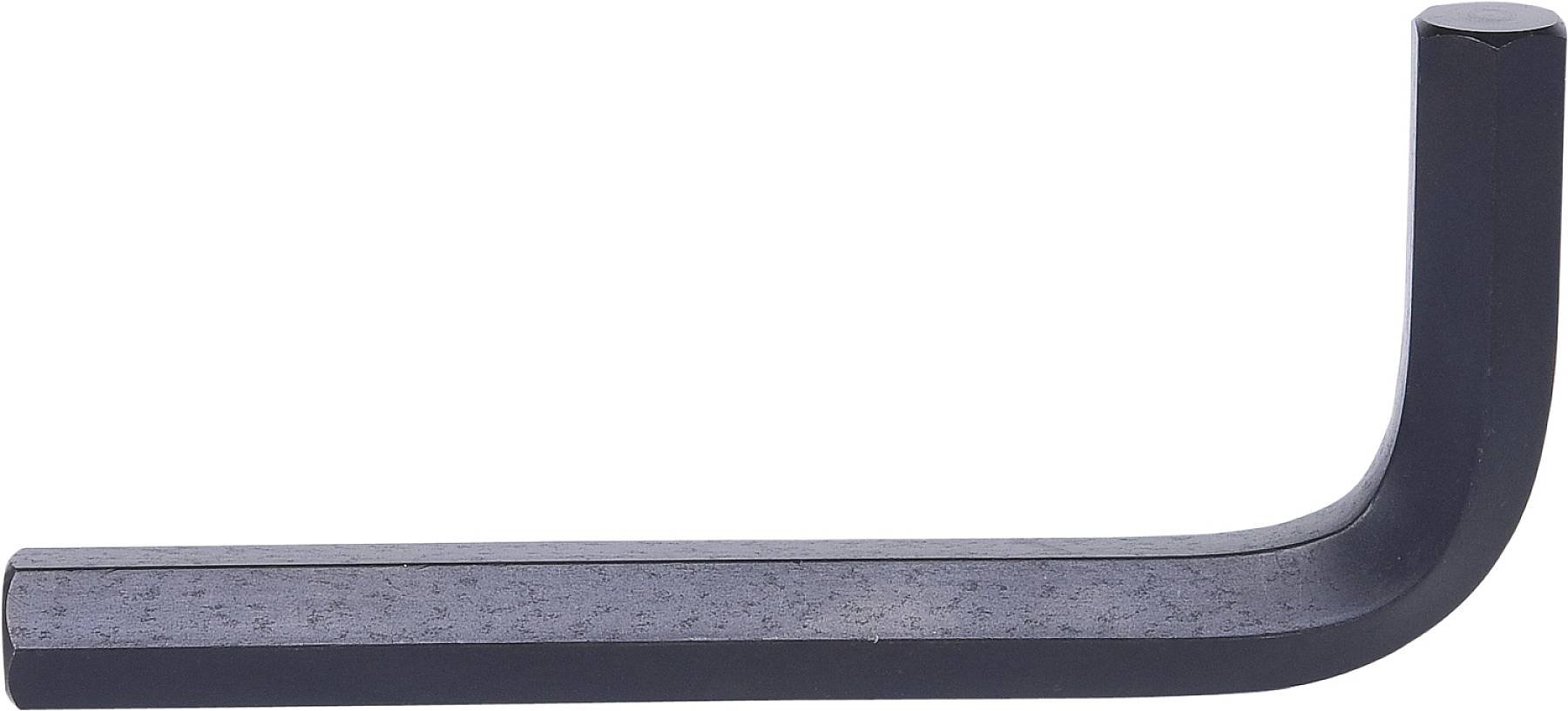 Ein L-förmiger Inbusschlüssel aus Metall, schwarz, flach gelegen.