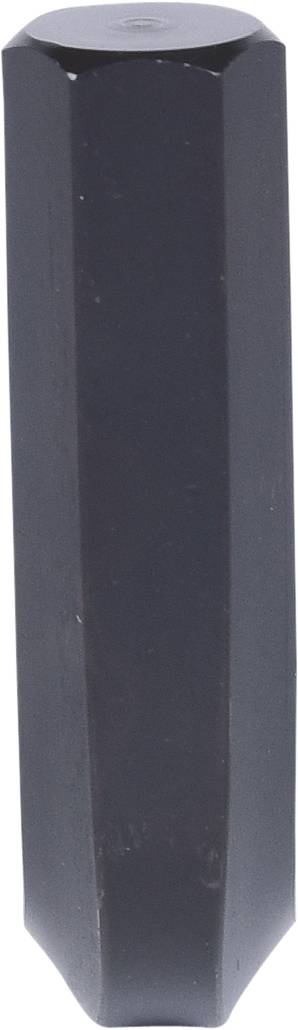 Ein sechseckiger, dunkelgrauer Metallstift mit polierten Flächen, stehend aufrecht, ohne sichtbare Marken oder Inschriften.