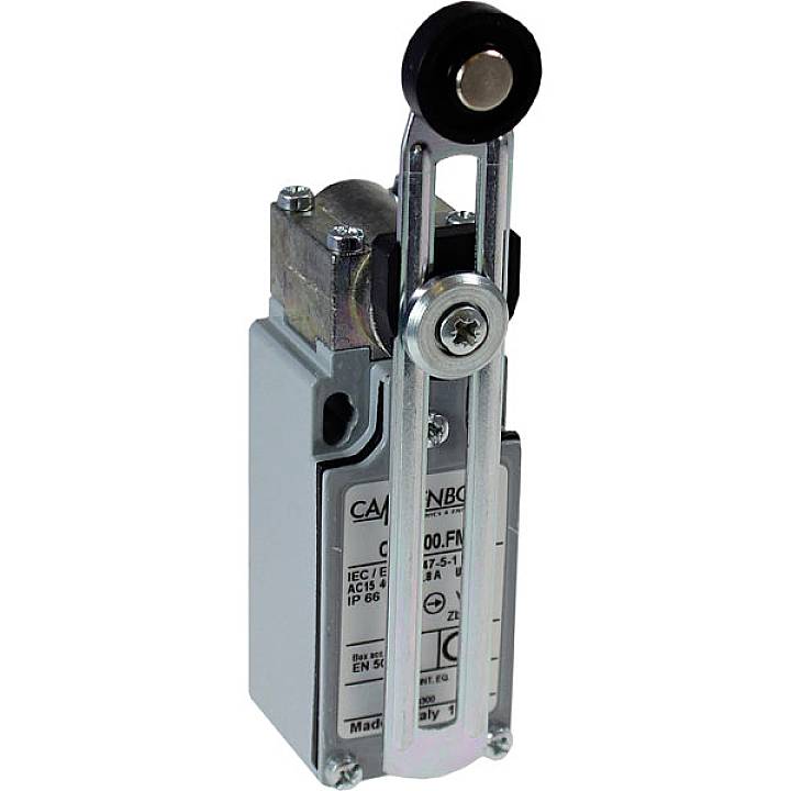 Ein Endschalter aus Metall mit Hebel und Rolle, ET 67-51-11Z. Für Steuerungsaufgaben in der Automatisierungstechnik geeignet.