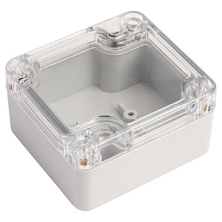 Transparente Kunststoffbox mit abnehmbarem Deckel und Schraublöchern an den Ecken, geeignet für den Schutz kleiner elektronischer Bauteile.