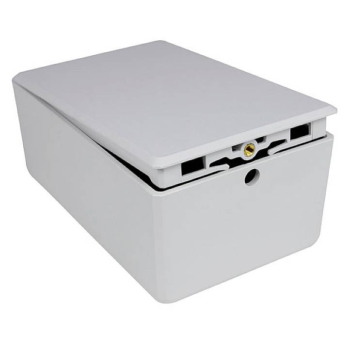 Ein rechteckiges, weißes Plastikgehäuse mit abnehmbaren Deckel und Schraubenlöchern; möglicherweise eine Abdeckung oder ein Gehäuse.