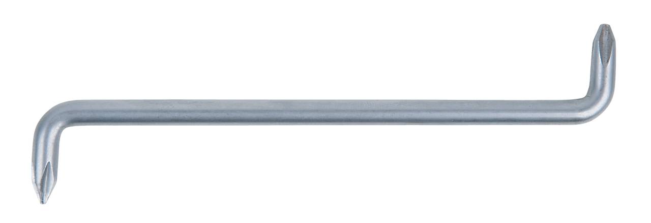 Ein silberfarbener doppelter Schraubendreher mit L-Form, hat an beiden Enden Kreuzschlitzköpfe.