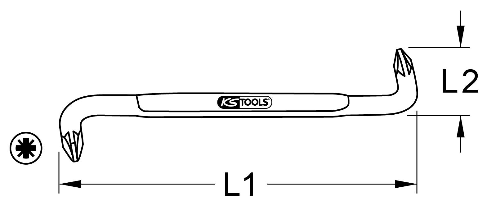 Illustration eines doppelseitigen Hakenschlüssels mit den Bezeichnungen für Längen L1 und L2. KSTOOLS-Logo sichtbar in der Mitte.