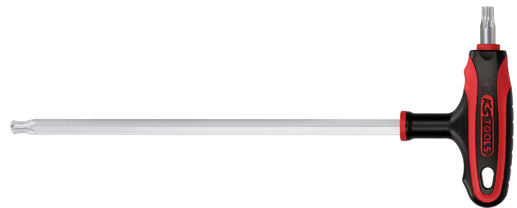 Ein rotes T-Griff-Bit-Werkzeug mit langem, silbernem Schaft und einem Torx-Bit-Einsatz. Die Marke ist im Griff sichtbar.
