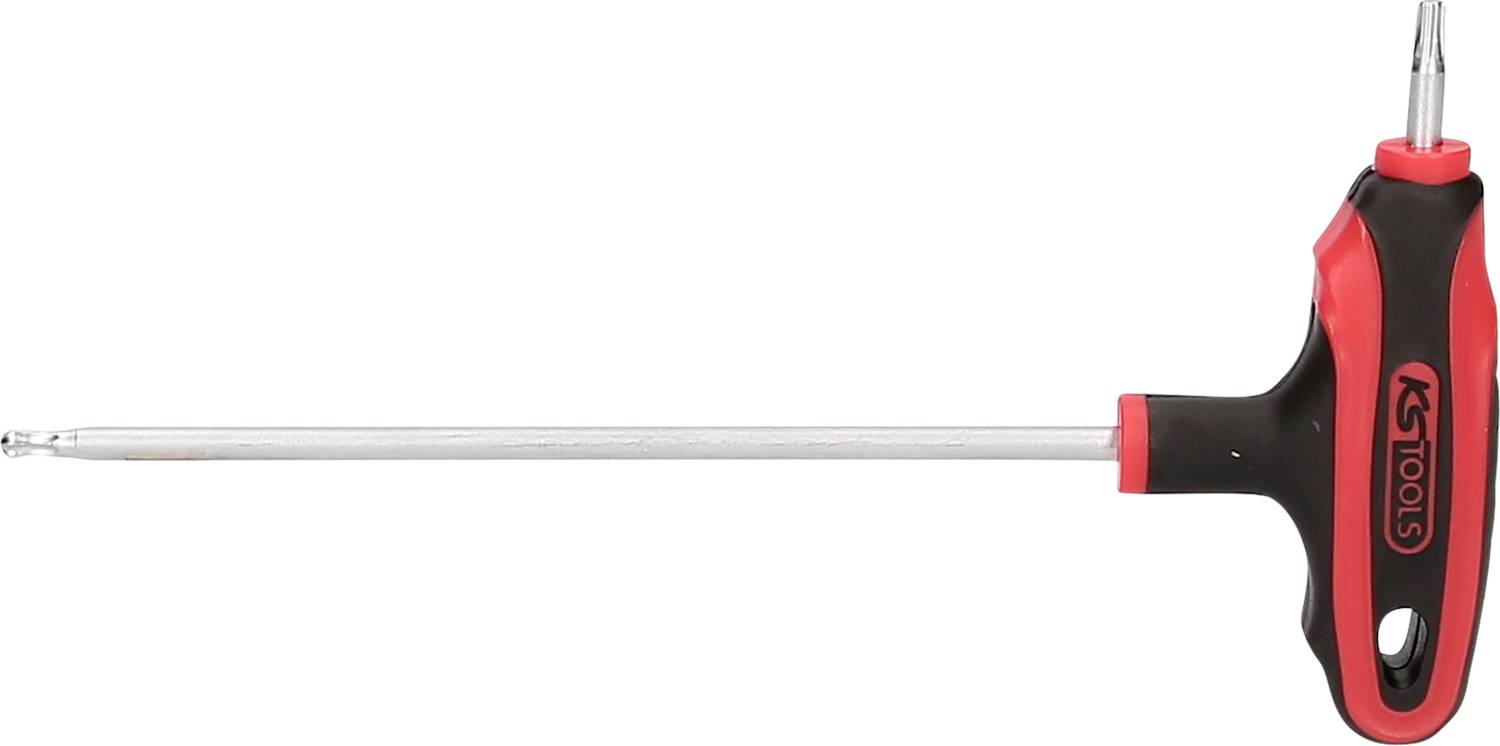 T-Griff-Schraubendreher mit rotem und schwarzem Griff, langer Metallschaft, vorne mit Schraubenkopf. Werkzeug für Heimwerker.