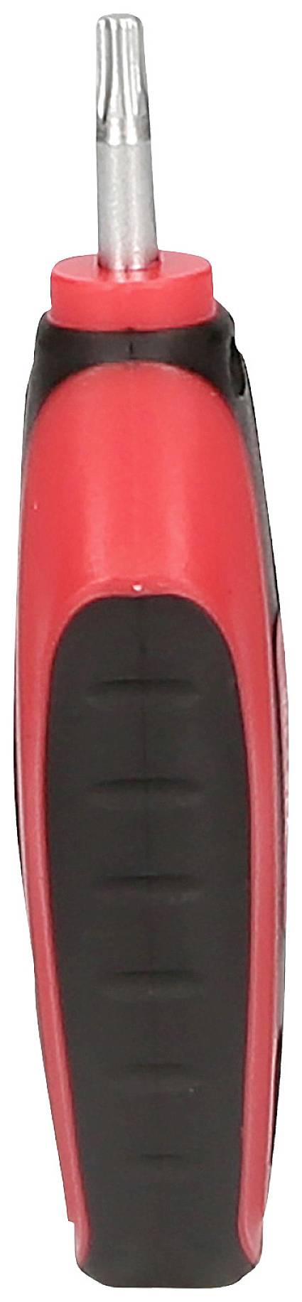 Roter und schwarzer Schraubendreher mit einem auswechselbaren Bit-Einsatz, seitlich gesehen.