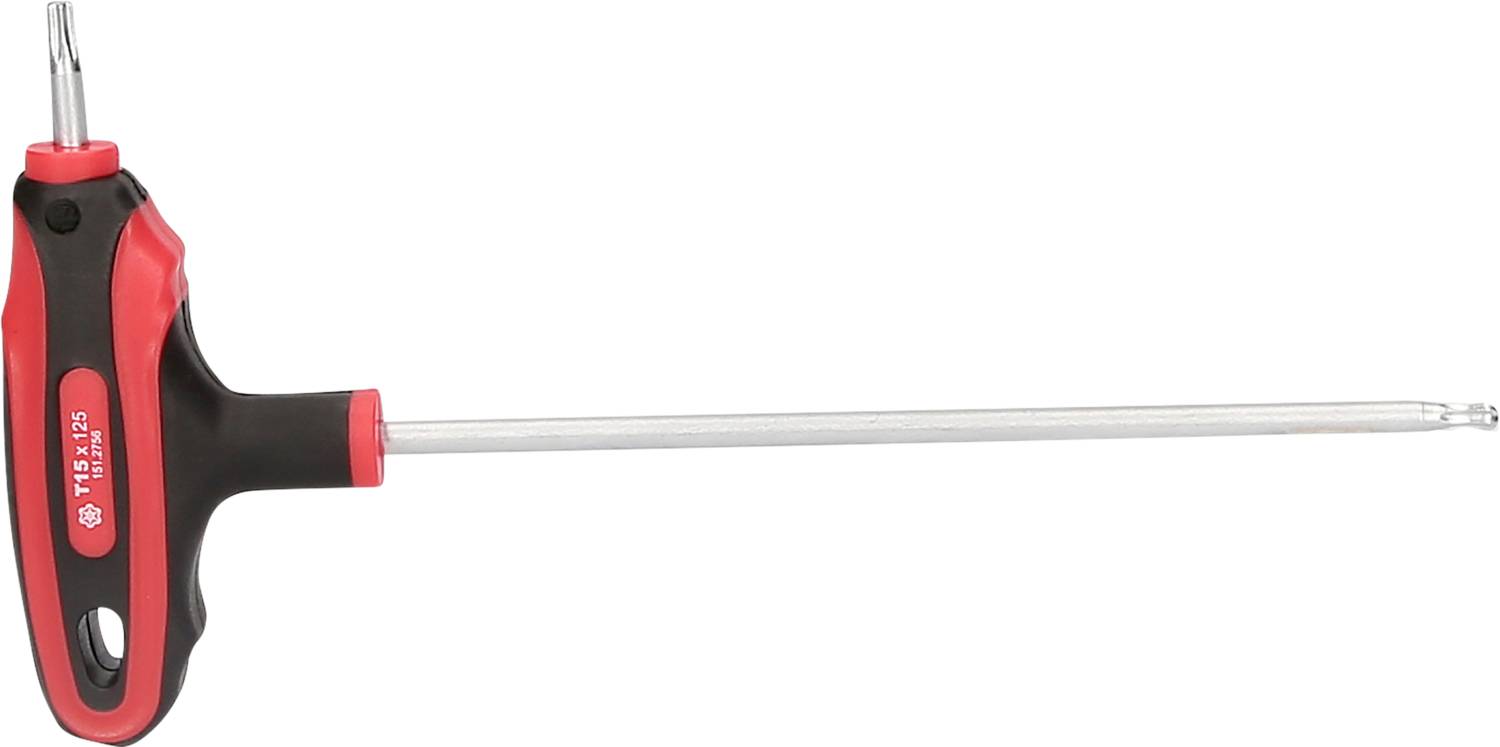 Ein schwarzer und roter T-Griff-Schraubendreher mit einem langen, schmalen Schaft; geeignet für schwer zugängliche Stellen.