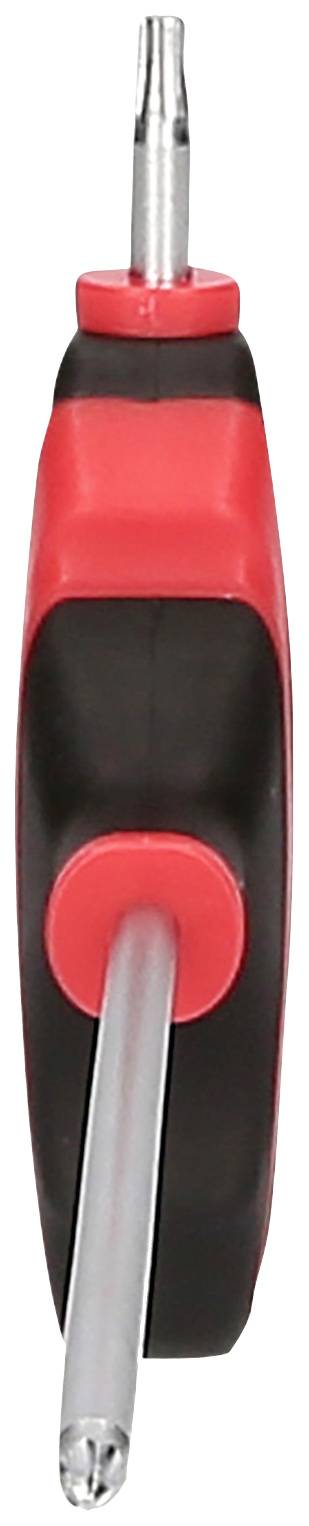 Ein rot-schwarzer Schraubendreher mit zwei Metallspitzen, eine davon ist ein Kreuzschlitz, die andere ein Schlitz, für vielfältige Anwendungen.