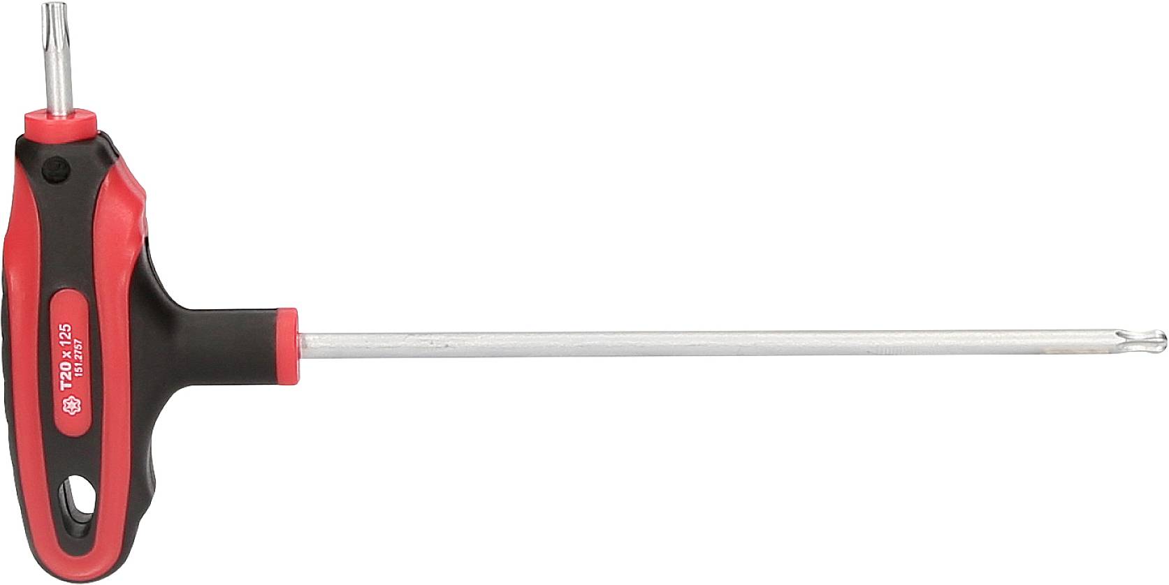 T-förmiger Schraubendreher mit rotem und schwarzem Griff und langem Metallstiel, geeignet für Torx-Schrauben.