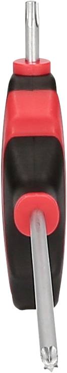 Ein rot-schwarzer Schraubendreher mit einem T-Griff und einem metallischen, sternförmigen Kopf, abgebildet aufrecht.