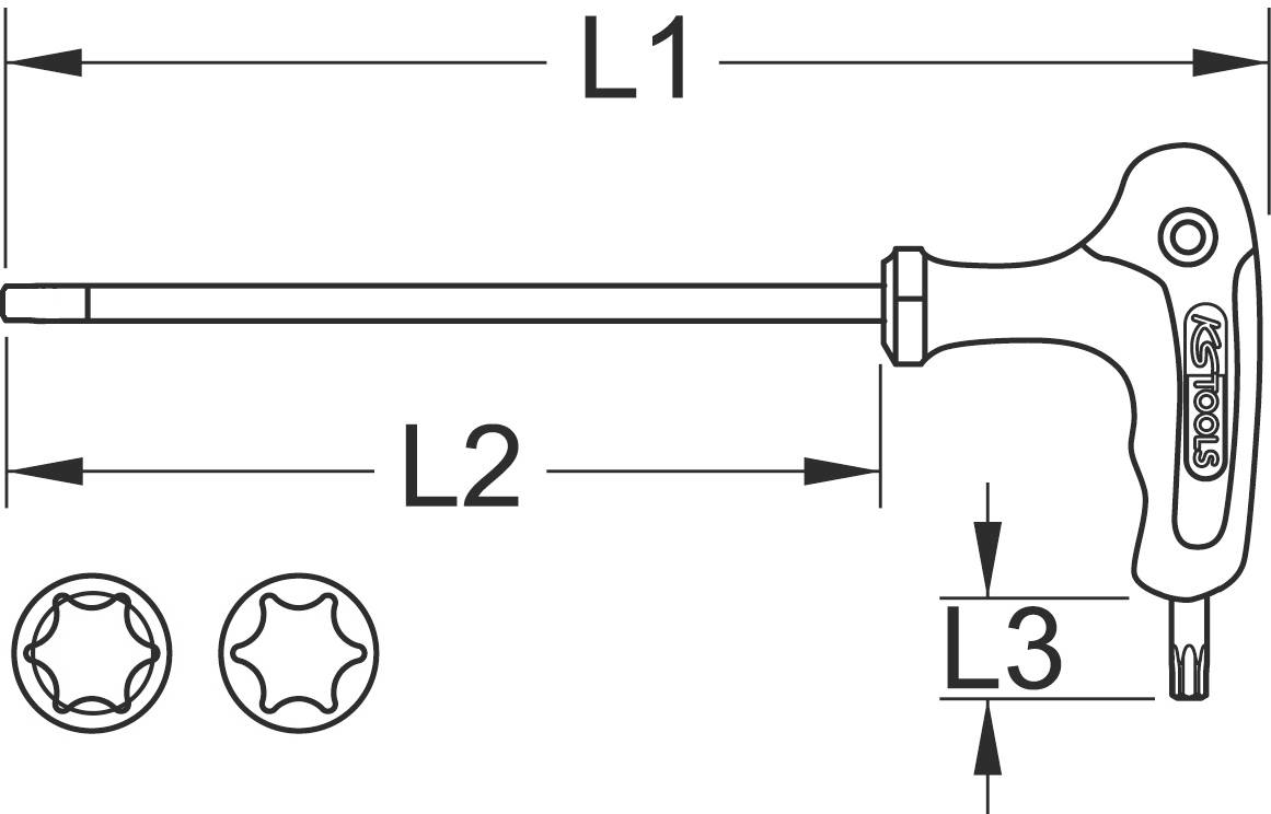 Technische Zeichnung eines T-Griff-Schraubendrehers mit Torx-Profil. Markiert sind Längen L1, L2 und L3. Werkzeughersteller-Logo sichtbar.