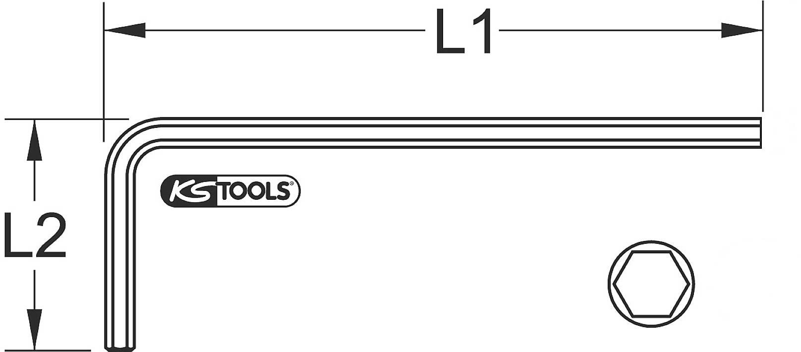 Zeichnung eines L-Profils eines Sechskantwinkelschlüssels. Maße L1 und L2 sind markiert. Logo 'KS Tools' sichtbar. Sechskantkopf dargestellt.
