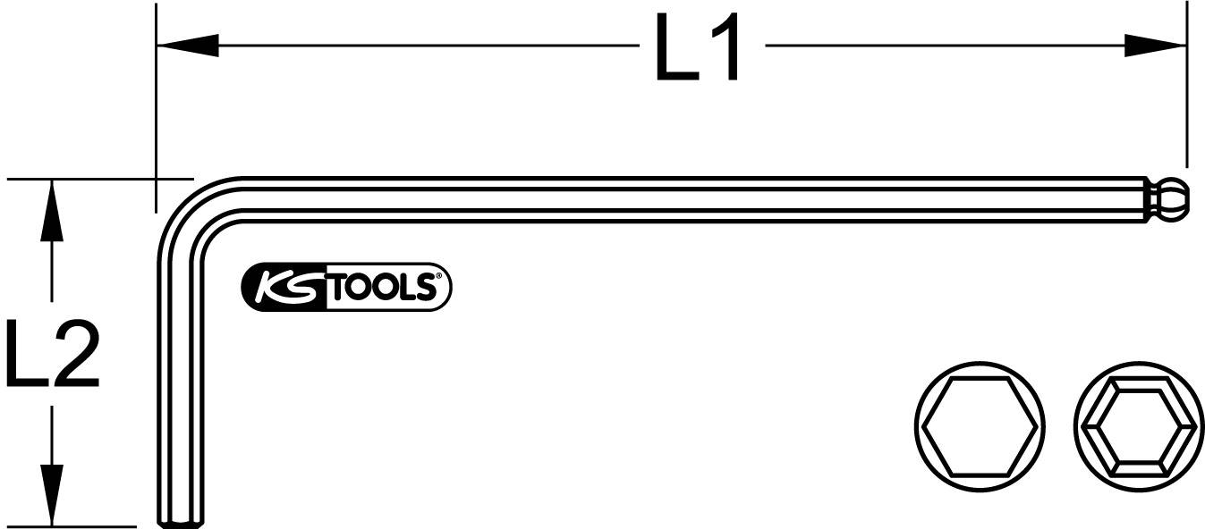 'KS TOOLS' Innensechskantschlüssel mit Kugelkopf, L-förmig. Beschriftet mit Maßen L1 und L2. Zeigt einen Querschnitt der Schlüsselspitzen.