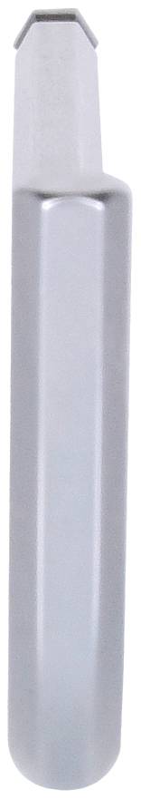 Ein silberfarbener, abgerundeter Metallstift, vertikal ausgerichtet, möglicherweise ein Werkzeug oder Bestandteil eines Geräts.