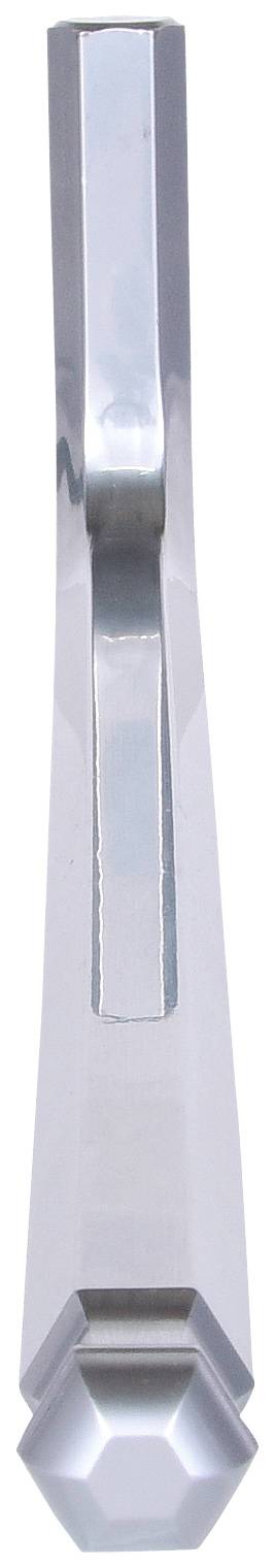 Ein verchromter Plattenspieler-Tonarm in silberner Farbe, der aufrecht steht.