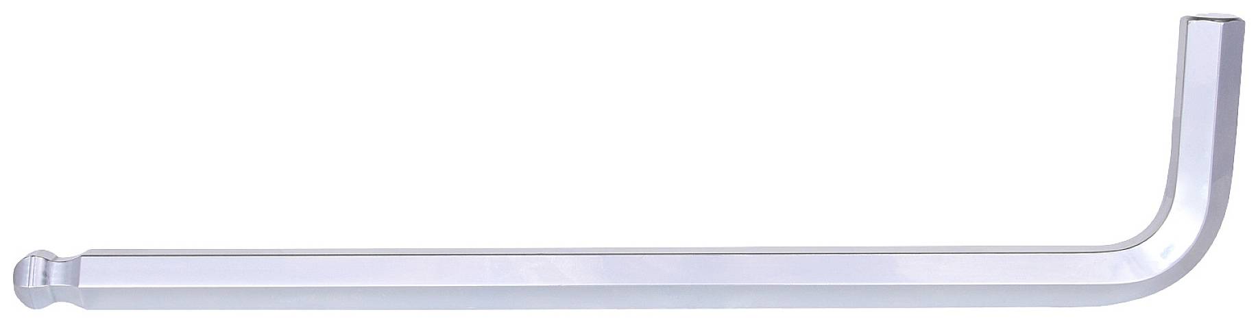 Metallener Sechskantschlüssel in L-Form mit kugelförmigem Ende. Hauptsächlich zum Anziehen von Schrauben mit Innensechskant.