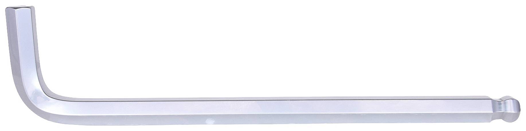 Ein langer, silberner Sechskantschlüssel mit einer Kugelkopfspitze, der in einem Winkel von 90 Grad gebogen ist.