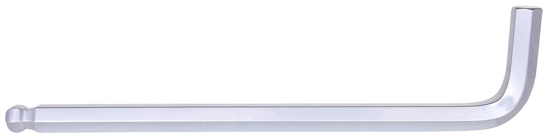 Ein silberner Inbusschlüssel mit einem langen und einem kurzen Schenkel in Winkelstellung, typisch für Schraubenanpassungen.