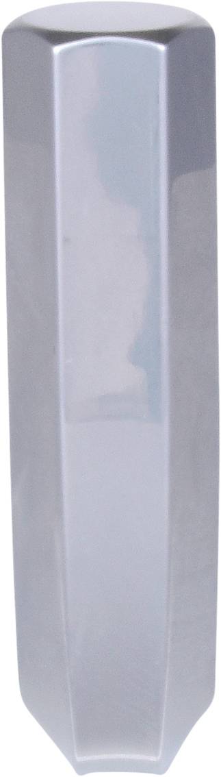 Silberner, sechseckiger Metallpfosten mit glatter Oberfläche und leichtem Glanz.