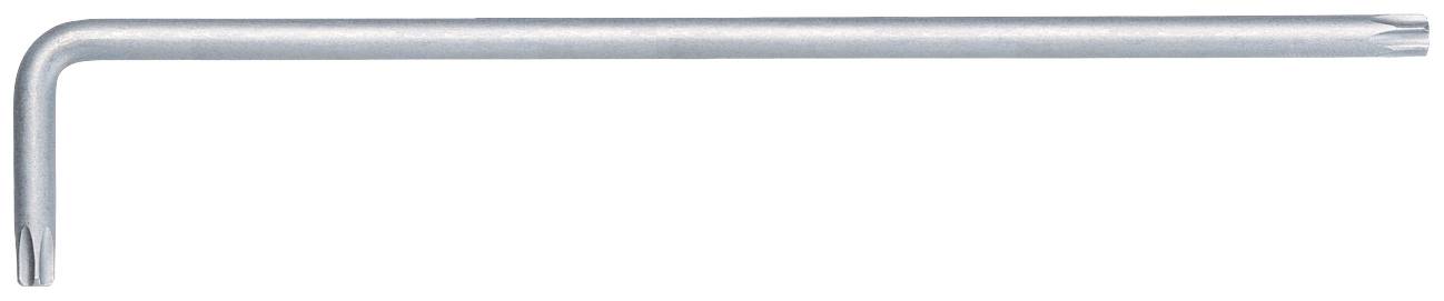 Ein silberner Torx-Schlüssel in L-Form, verwendet zum Anziehen oder Lösen von Torx-Schrauben in mechanischen Anwendungen.