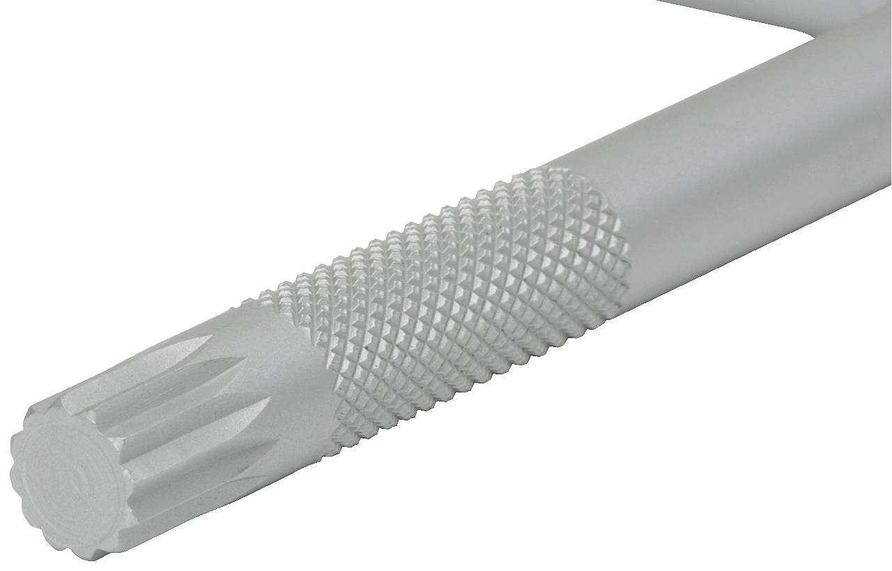 Metallstab mit gerändeltem Griff und gezahnter Spitze für verbesserte Griffigkeit und Funktionalität in Maschinenanwendungen.