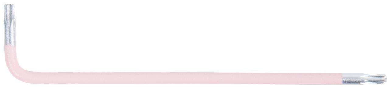 Rosa L-förmiger Inbus-Schlüssel mit silbernen Enden, verwendet zum Anziehen oder Lösen von Schrauben mit Innensechskantkopf.