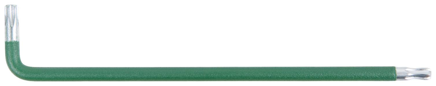 Ein grüner Winkelschraubenschlüssel, auch Inbusschlüssel genannt, mit einem sechskantigen Kopf an beiden Enden, liegt horizontal.