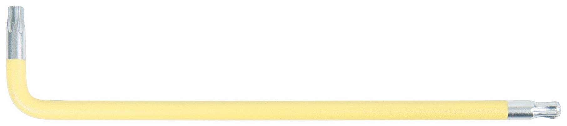 Ein gelber Sechskantschlüssel in L-Form mit metallischen Enden, liegt horizontal. Werkzeug zur Befestigung von Sechskantschrauben.