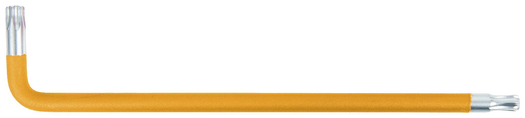 Ein orangefarbener Winkelschlüssel mit silbernen Enden, der für Arbeiten an schwer zugänglichen Stellen verwendet wird.