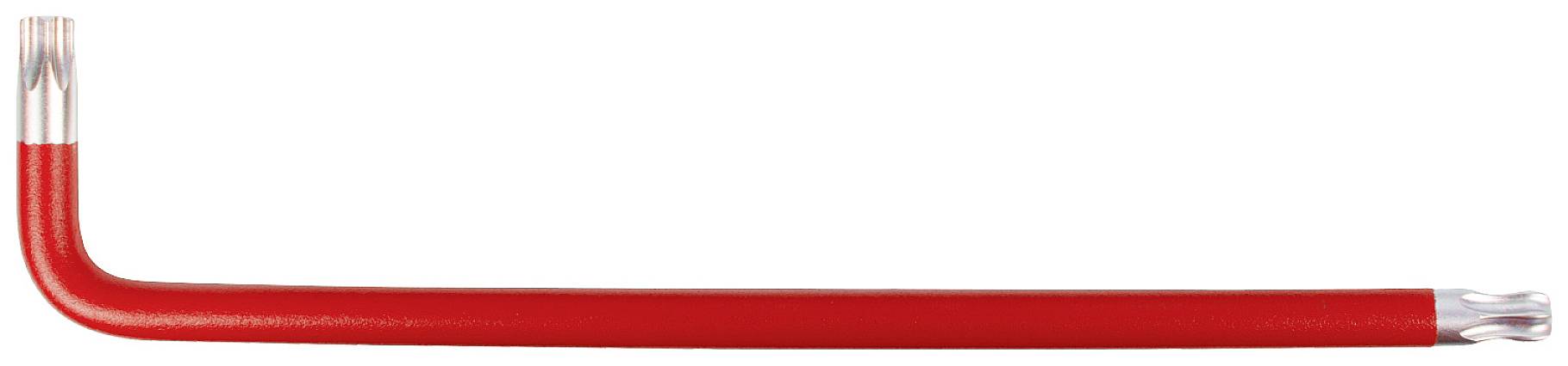 Ein rot ummantelter Sechskantschlüssel mit L-förmigem Design, typisches Werkzeug zum Anziehen oder Lösen von Schrauben mit Innensechskant.
