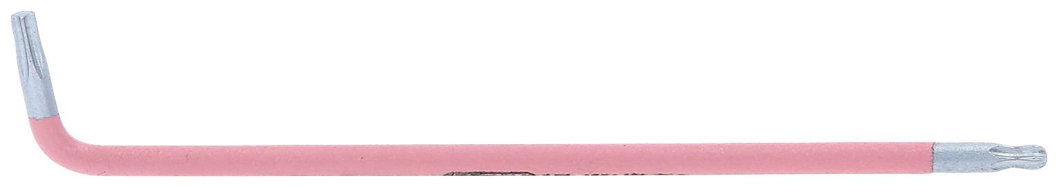 Ein pinker Sechskantschlüssel mit silberfarbenen Enden liegt flach auf einer weißen Oberfläche.