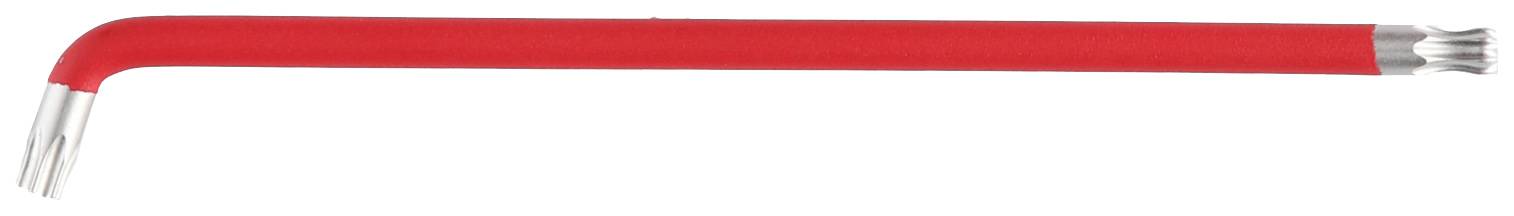 Ein roter, L-förmiger Schraubenschlüssel mit stählerner Spitze liegt auf einem weißen Hintergrund.